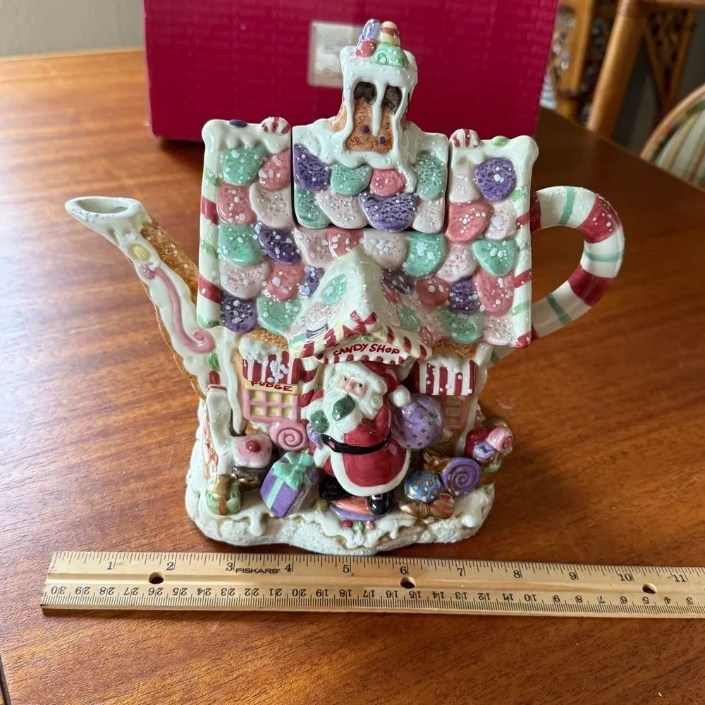 NIB Fitz and Floyd Candy Lane Ceramic Teapot with Multicolor Accents Christmas